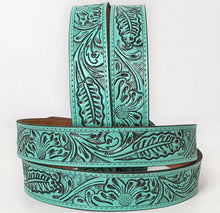 Load image into Gallery viewer, Hand-Tooled Turquoise Floral Western Leather Belt with Oval Buckle
