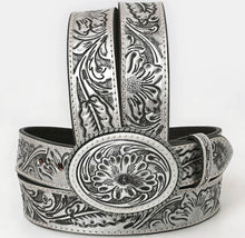 Load image into Gallery viewer, Hand-Tooled Silver Floral Western Leather Belt with Oval Buckle