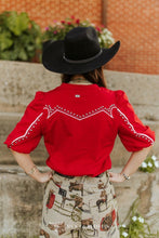 Load image into Gallery viewer, Red Studded Yoke Puff Sleeve Top