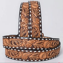 Load image into Gallery viewer, Tooled Western Leather Belt - Bold Tan Floral On Chocolate Brown