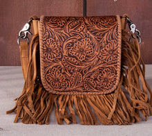 Load image into Gallery viewer, Montana West Genuine Leather Tooled Collection Fringe Crossbody Brown