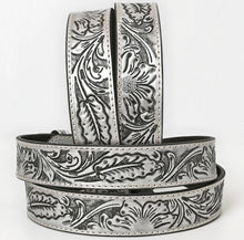 Load image into Gallery viewer, Hand-Tooled Silver Floral Western Leather Belt with Oval Buckle