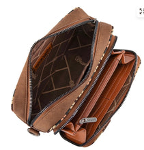 Load image into Gallery viewer, Wrangler Southwestern Pattern Dual Sided Print Crossbody Purse With Wallet Compartment - Brown