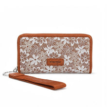 Load image into Gallery viewer, Wrangler Lace Floral RFID Blocking Zip Around Wallet - Jean -Brown