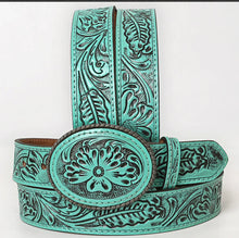 Load image into Gallery viewer, Hand-Tooled Turquoise Floral Western Leather Belt with Oval Buckle