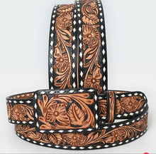 Load image into Gallery viewer, Black & Saddle Hand Tooled Leather Western Belt - Floral Vine Design
