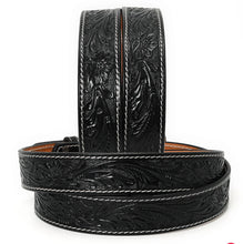 Load image into Gallery viewer, Black Hand-Tooled Leather Belt with Matching Floral Buckle
