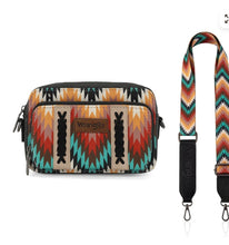 Load image into Gallery viewer, Wrangler Southwestern Pattern Dual Sided Print Crossbody Purse With Wallet Compartment - Tan

