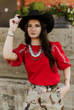 Load image into Gallery viewer, Red Studded Yoke Puff Sleeve Top

