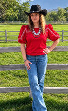 Load image into Gallery viewer, Red Studded Yoke Puff Sleeve Top
