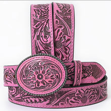 Load image into Gallery viewer, Hand-Tooled Pink Floral Western Leather Belt with Oval Buckle
