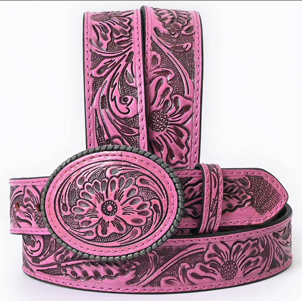 Hand-Tooled Pink Floral Western Leather Belt with Oval Buckle