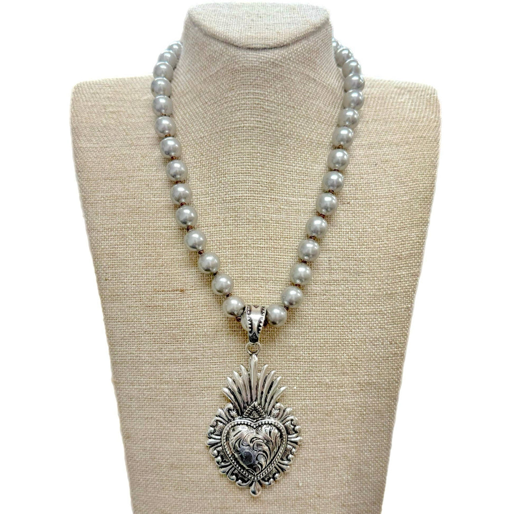 Sacred Heart Pendant on Faux  Silverstone Pearl Necklace