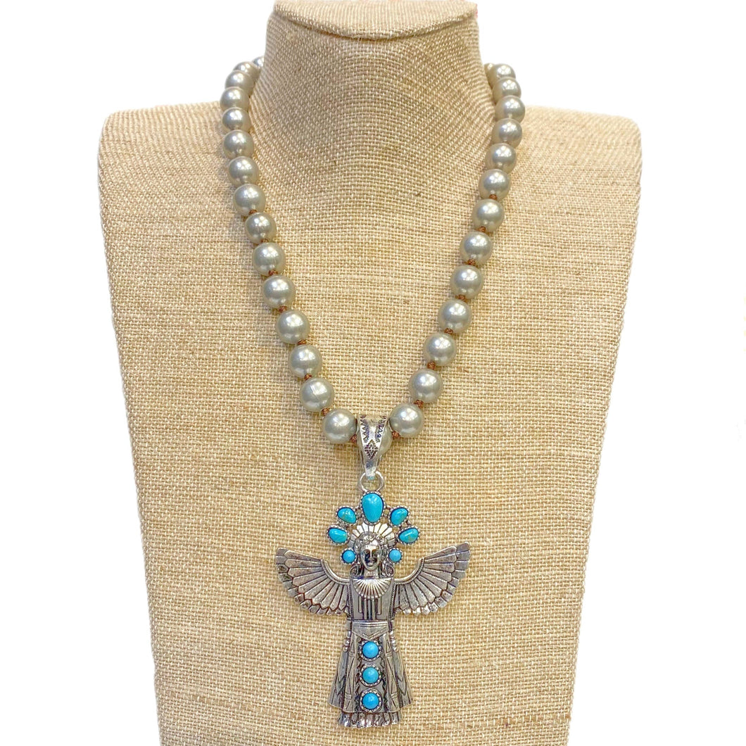 Guardian Angel Pendant on Faux Silver-tone Pearl Necklace