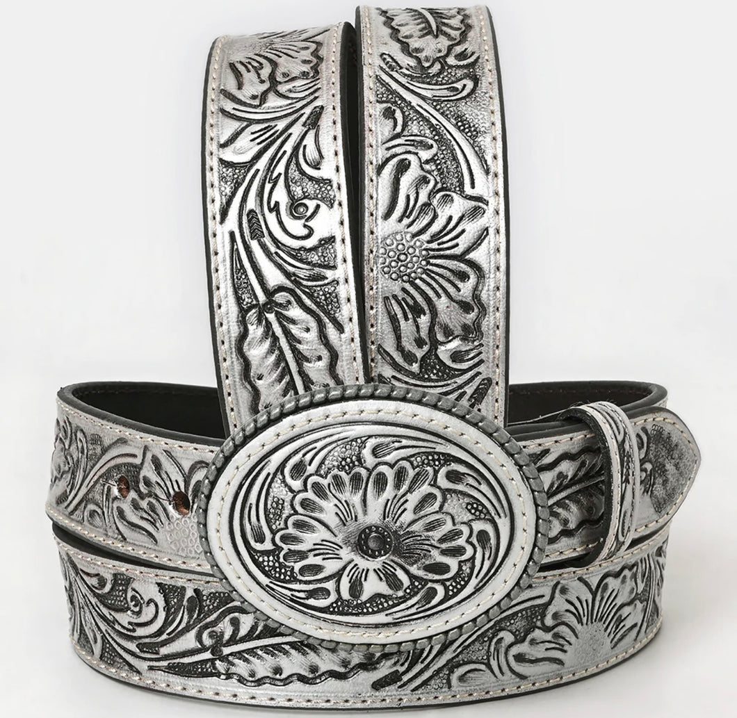 Hand-Tooled Silver Floral Western Leather Belt with Oval Buckle