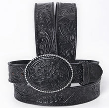 Load image into Gallery viewer, Hand-Tooled Black Floral Western Leather Belt with Oval Buckle
