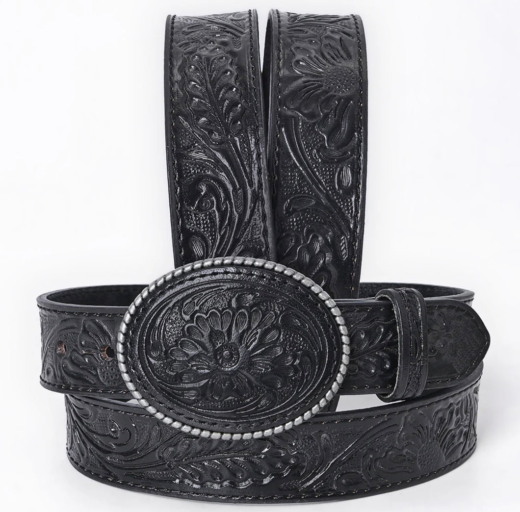 Hand-Tooled Black Floral Western Leather Belt with Oval Buckle