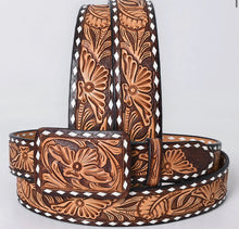 Load image into Gallery viewer, Tooled Western Leather Belt - Bold Tan Floral On Chocolate Brown

