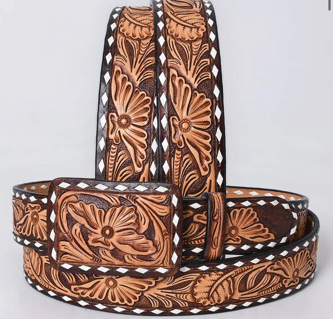 Tooled Western Leather Belt - Bold Tan Floral On Chocolate Brown