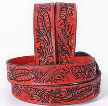 Load image into Gallery viewer, Red Floral Hand-Tooled Leather Belt with Western Oval Buckle
