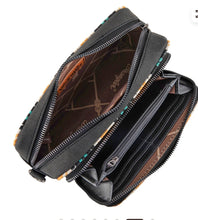 Load image into Gallery viewer, Wrangler Southwestern Pattern Dual Sided Print Crossbody Purse With Wallet Compartment - Tan
