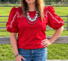 Load image into Gallery viewer, Red Studded Yoke Puff Sleeve Top
