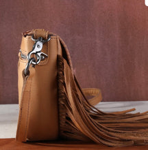Load image into Gallery viewer, Montana West Genuine Leather Tooled Collection Fringe Crossbody Brown

