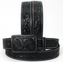 Load image into Gallery viewer, Black Hand-Tooled Leather Belt with Matching Floral Buckle
