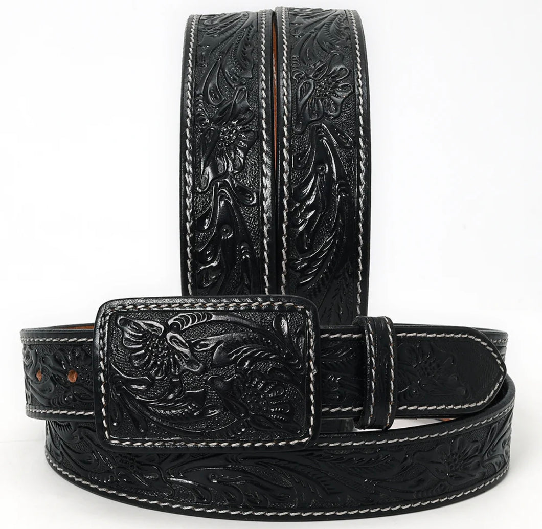 Black Hand-Tooled Leather Belt with Matching Floral Buckle