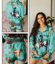 Load image into Gallery viewer, Turquoise Cactus Western Pinup Short Set
