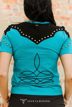 Load image into Gallery viewer, Turquoise western studded short sleeve shirt
