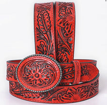 Load image into Gallery viewer, Red Floral Hand-Tooled Leather Belt with Western Oval Buckle
