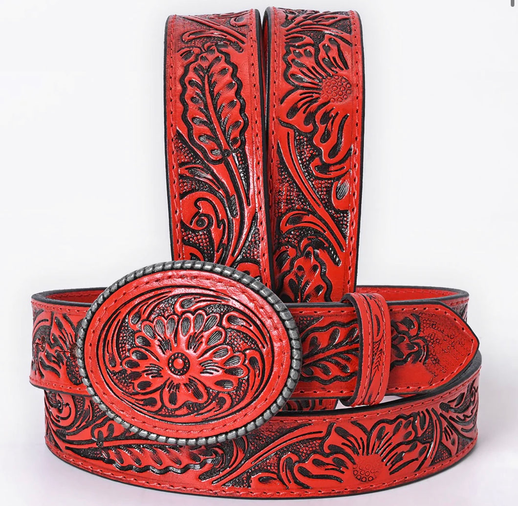 Red Floral Hand-Tooled Leather Belt with Western Oval Buckle