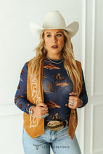 Load image into Gallery viewer, Blue Western Cowgirl Printed Mesh Top
