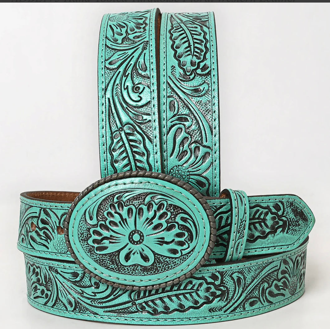 Hand-Tooled Turquoise Floral Western Leather Belt with Oval Buckle
