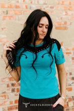 Load image into Gallery viewer, Turquoise western studded short sleeve shirt
