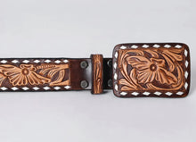 Load image into Gallery viewer, Tooled Western Leather Belt - Bold Tan Floral On Chocolate Brown
