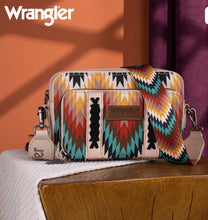Load image into Gallery viewer, Wrangler Southwestern Pattern Dual Sided Print Crossbody Purse With Wallet Compartment - Tan
