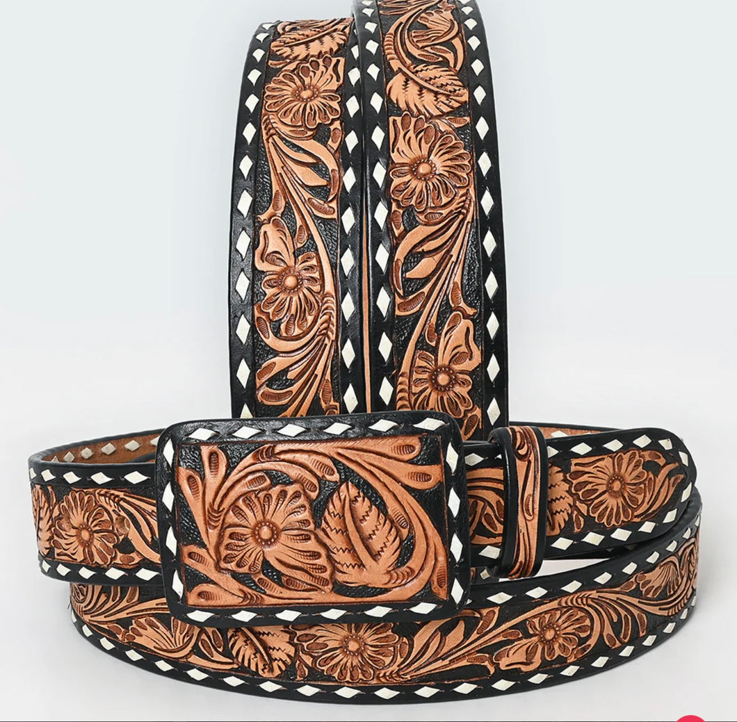 Black & Saddle Hand Tooled Leather Western Belt - Floral Vine Design