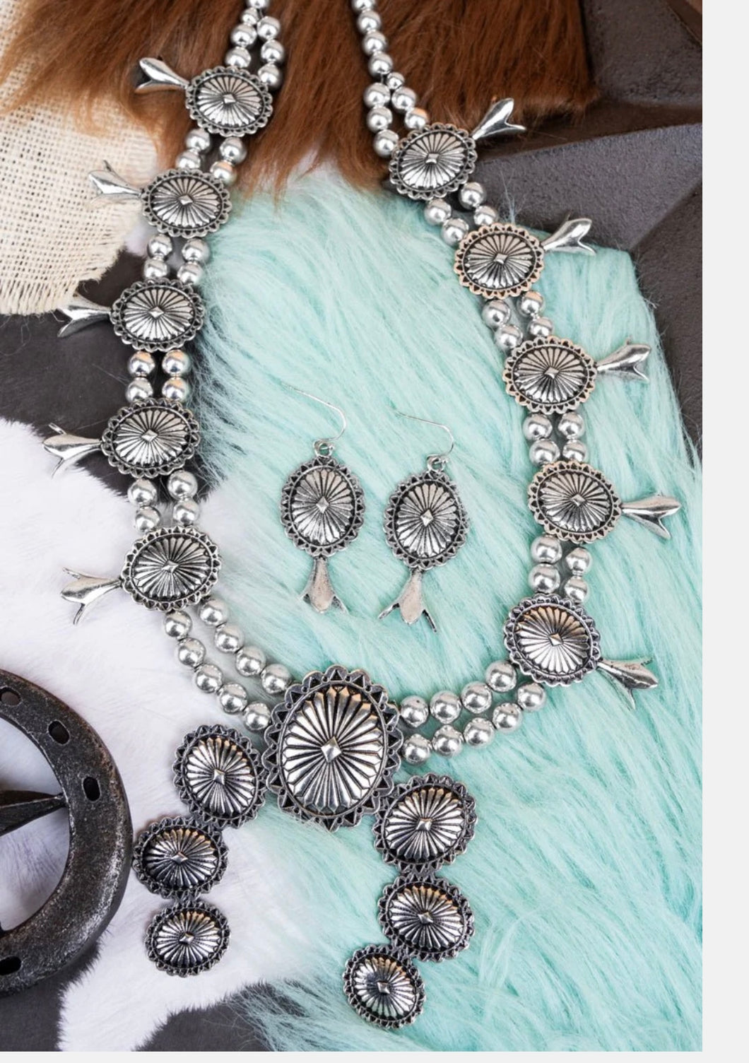 Concho  Silvertone Necklace Earring Set