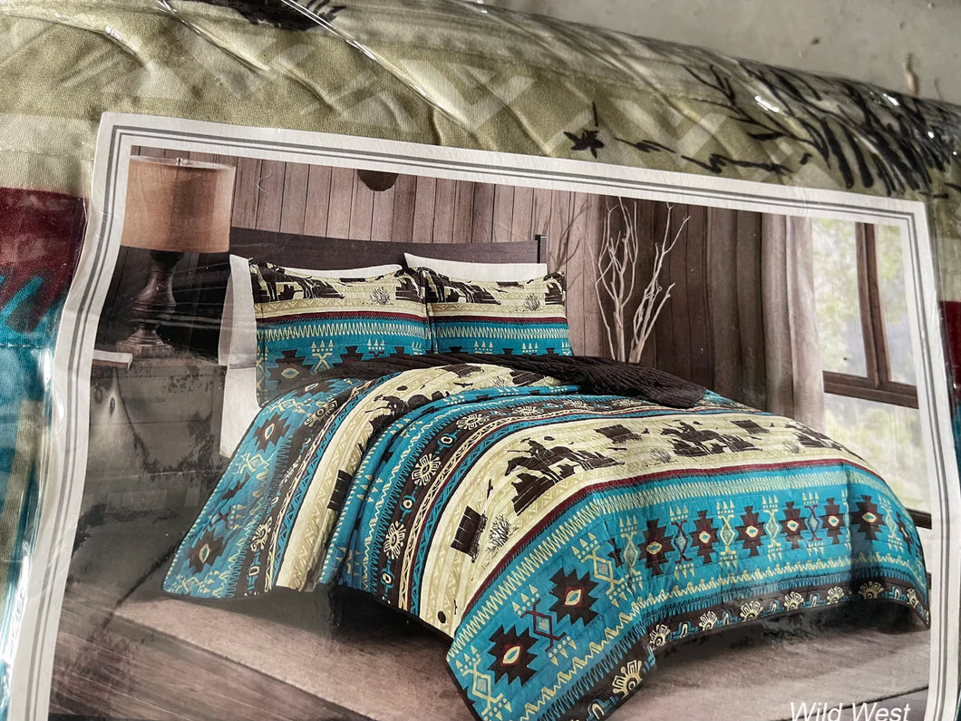 Blue Cowboy Western 3 Piece Bed Set