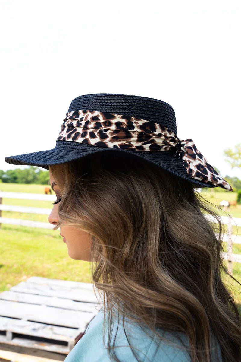 Cruise On By Leopard Straw Boater Hat- Black