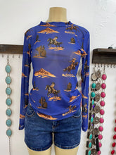 Load image into Gallery viewer, Blue Western Cowgirl Printed Mesh Top
