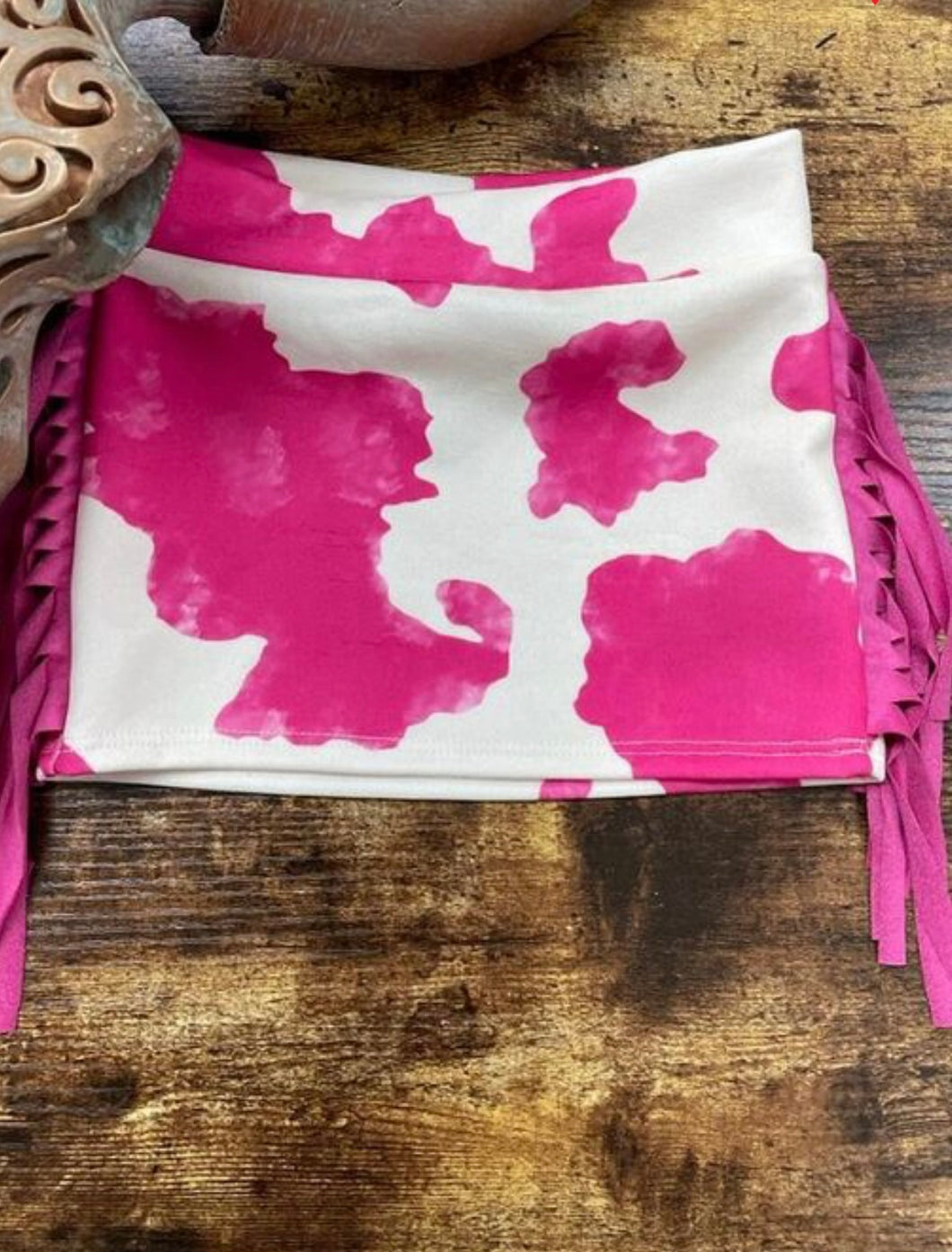 Girls Pink Cow print Fringe Skirt