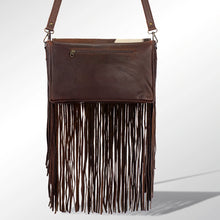 Load image into Gallery viewer, American Darling Brown Cow Print Fringe Crossbody
