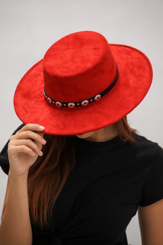 Red Suede Boater Hat with Concho Band