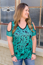 Load image into Gallery viewer, Cow Town Turquoise Tooled Women&#39;s Cold Shoulder Top- Crazy Train
