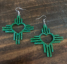 Load image into Gallery viewer, Green Sparkle  Zia Heart Earrings
