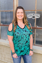 Load image into Gallery viewer, Cow Town Turquoise Tooled Women&#39;s Cold Shoulder Top- Crazy Train
