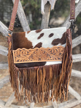 Load image into Gallery viewer, American Darling Brown Cow Print Fringe Crossbody
